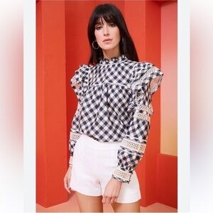 MARIE OLIVER ruffled Crochet que blouse in indigo plaid